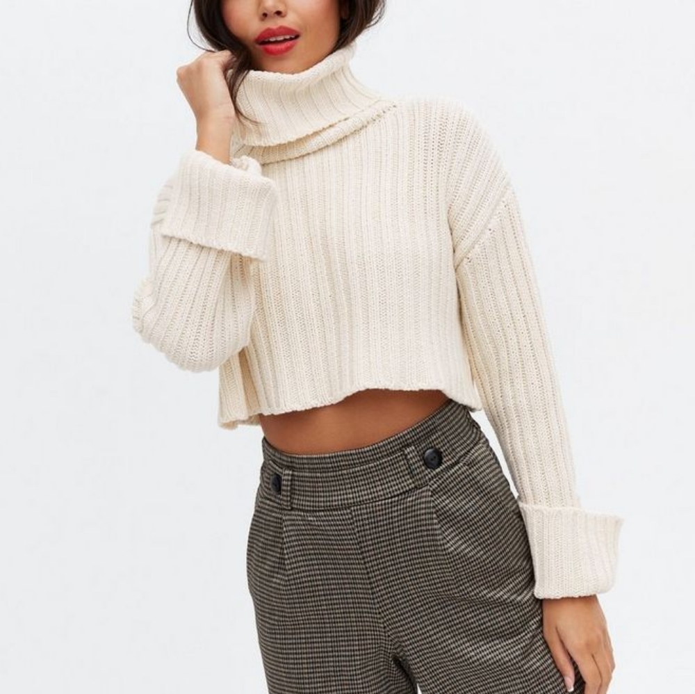 Oak + Fort Wide Ribbed Cream Turtleneck Cropped